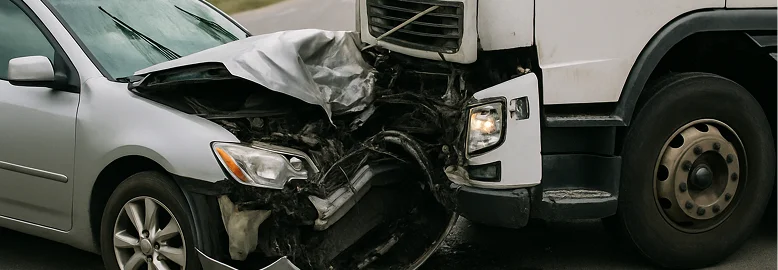 A damaged truck from an accident, showing crumpled metal and shattered glass on the road.