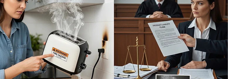 A woman holds a broken toaster while the same woman on the other side is suing for product liability