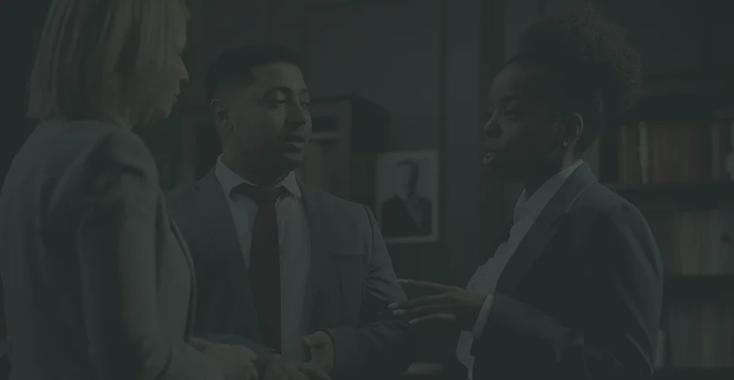 Three colleagues engaged in conversation in a modern office environment, discussing ideas around a table.