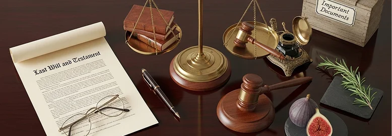 A wooden desk featuring a scale, a pair of glasses, and an open book arranged neatly on its surface.