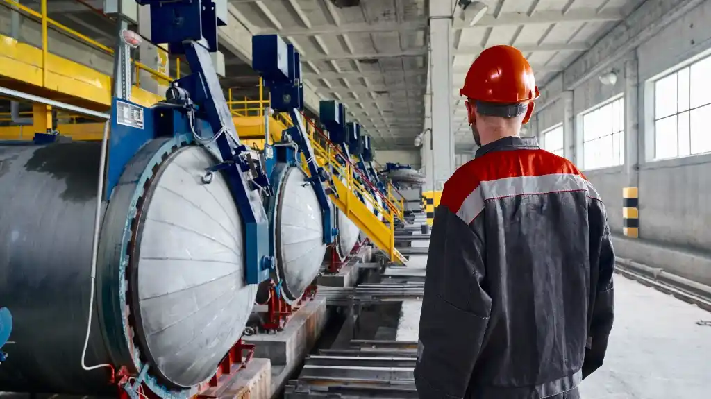 Worker in orange hard hat and dark uniform inspecting large industrial machinery in factory.