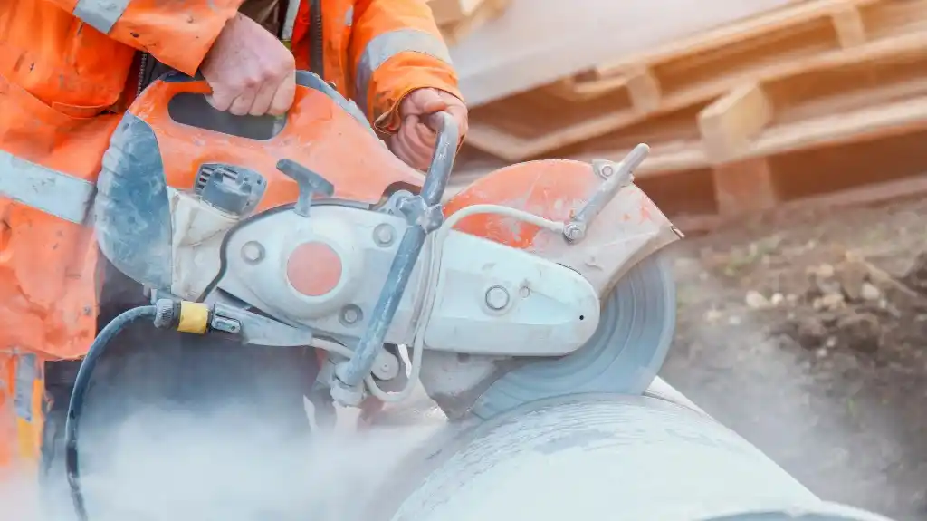 Construction worker in orange safety gear operating a power saw cutting a large concrete pipe.