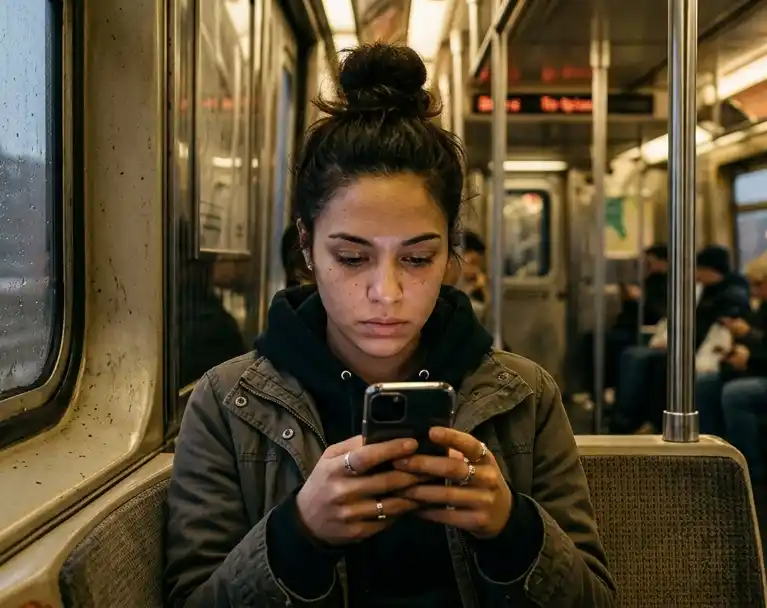 Young woman with dark hair in a bun wearing a green jacket, focused on her smartphone inside a subway car.