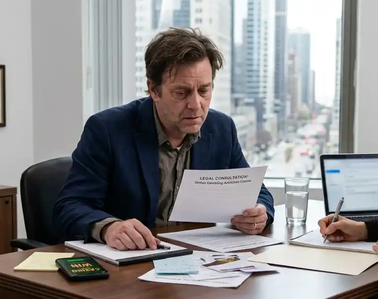 Middle-aged man in navy blazer reading legal consultation document in modern office.