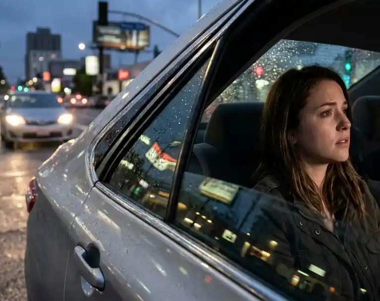 Woman with wet hair sitting in the backseat of a car on a rainy evening.
