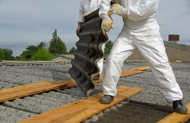 Two workers in white protective suits and gloves handling corrugated roofing material on a grey rooftop with wooden planks.
