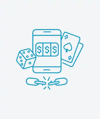 Blue line art illustration of a smartphone displaying a slot machine, dice, playing cards, and a broken chain link.