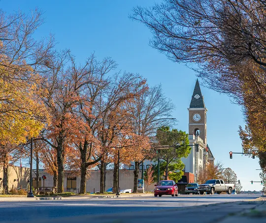 Street view of autumn trees and vehicles near a clock tower under a clear blue sky.