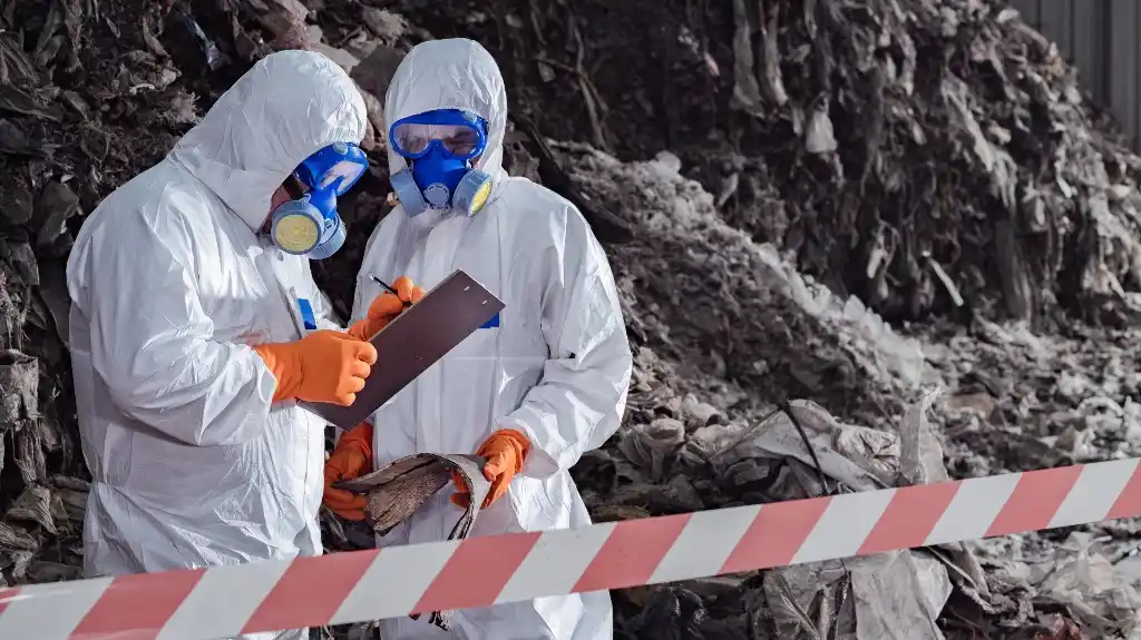 Two individuals in white hazmat suits and blue respirators inspecting debris behind red and white caution tape.