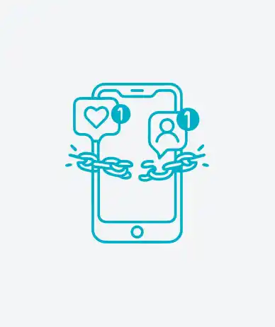 Outline illustration of a smartphone with broken chain links and social media notification icons.