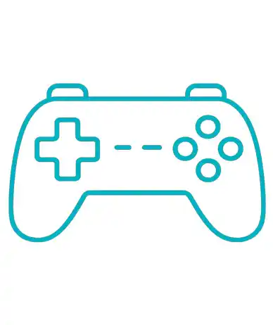 Outline of a turquoise video game controller with directional pad and four buttons on white background.
