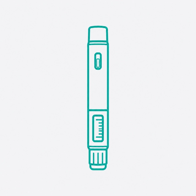 Line drawing of a medical insulin pen with dosage window and button, teal on white background.