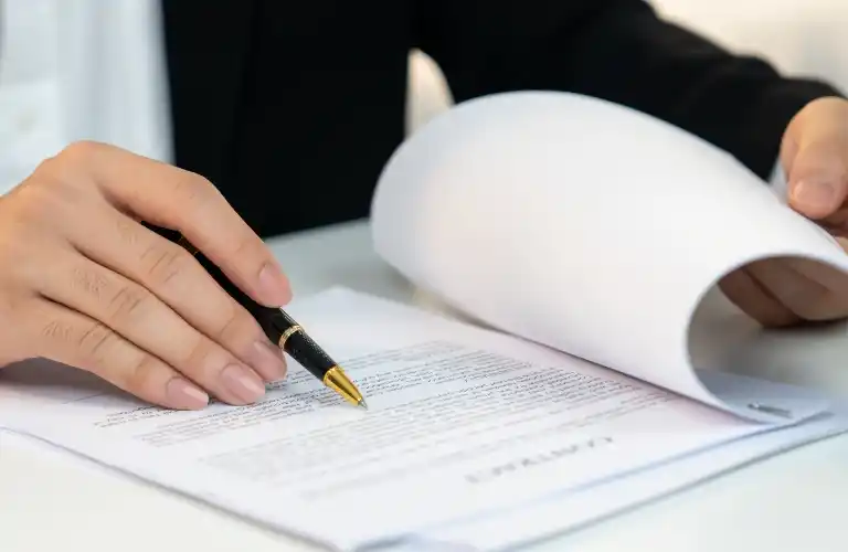 Person in formal attire holding a pen and reviewing printed contract documents on a white desk.