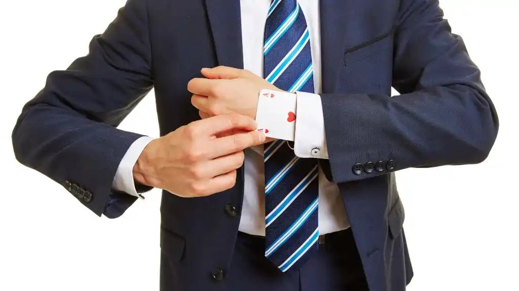 Man in navy blue suit and striped tie revealing ace of hearts playing card from shirt cuff.